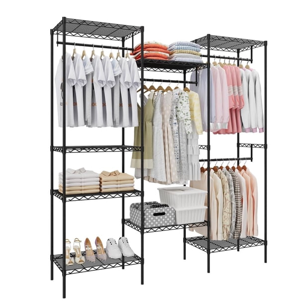Yeshouse Perchero de metal resistente, organizador de ropa independiente con 4 barras para colgar y 8 estantes, perchero ajustable para colgar ropa, 170 cm de largo x 39 cm de ancho x 194 cm de alto