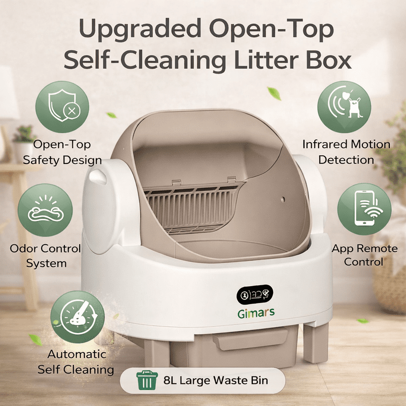 Gimars Self Cleaning Cat Litter Box, Open-Top, Large Capacity, Safety Sensors, For Multi Cats