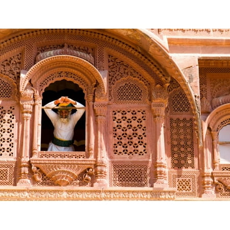 Man in Window of Fort Palace, Jodhpur at Fort Mehrangarh, Rajasthan, India Print Wall Art By Bill (Best Fort In India)
