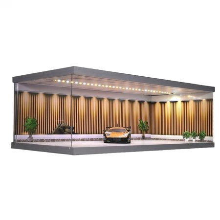 NUEIOVRW 1:64/43 Diorama Garage Model Set, Tri-color LED Lighting Multi-combo Parking Lot Scene Display Case, Brightness Adjustable Building Model Garage, Showroom Model