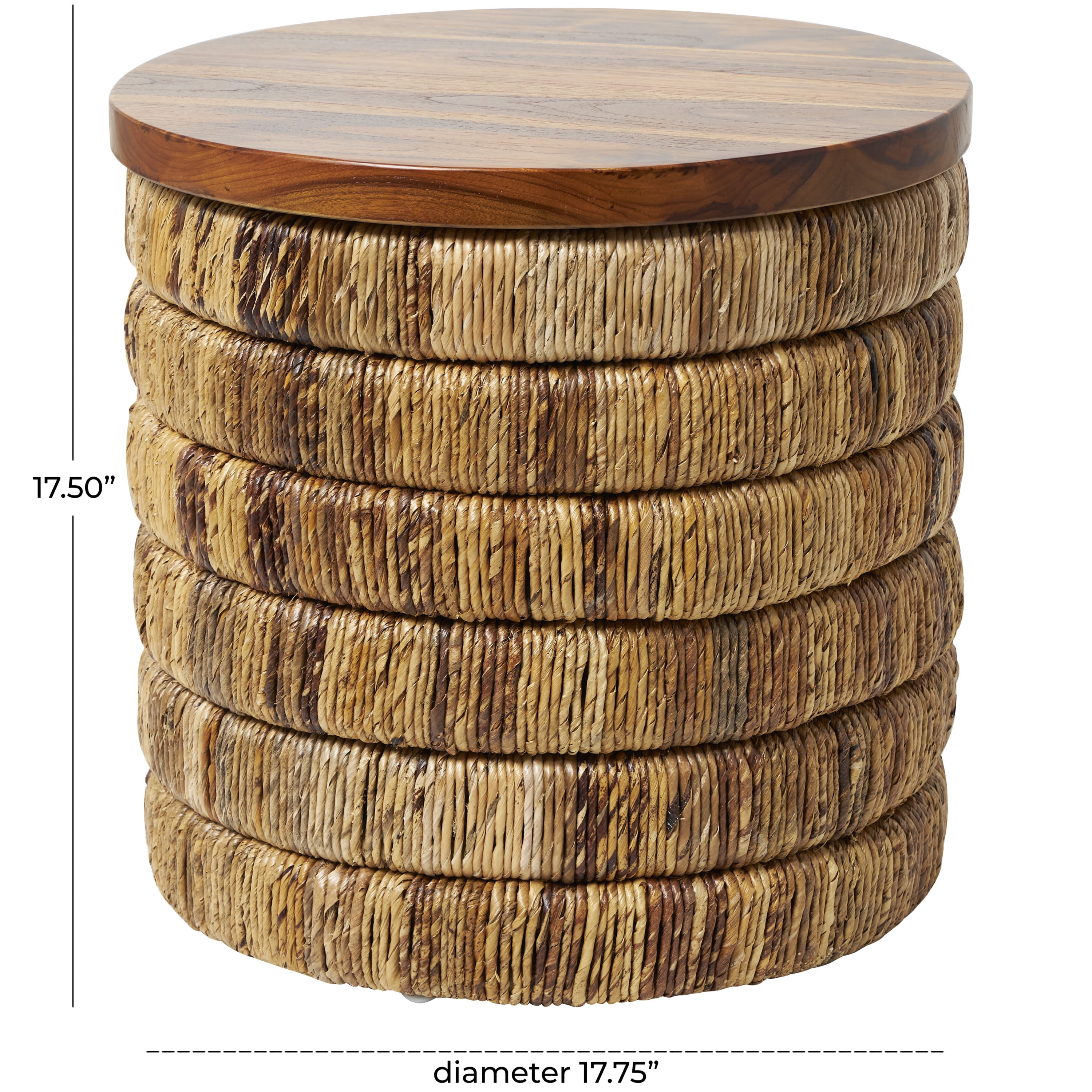 DecMode 18" x 18" Brown Seagrass Handmade Linear Wrapped Accent Table with Teak Wood Top, 1-Piece