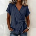 thumbnail image 2 of Linen-Blend Surplice Wrap Top for Women, Short Sleeve V-Neck Tie-Front Blouse with Rolled Cuffs - Lightweight Summer Casual Tunic Shirt Navy S, 2 of 5