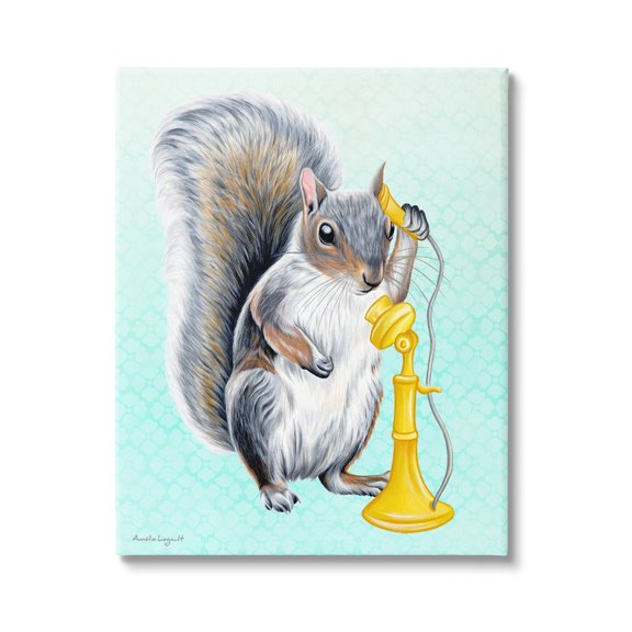 Stupell Industries Squirrel Talking Yellow Candlestick Telephone Patterned Shapes Graphic Art Gallery Wrapped Canvas Print Wall Art, Design by Amelie Legault