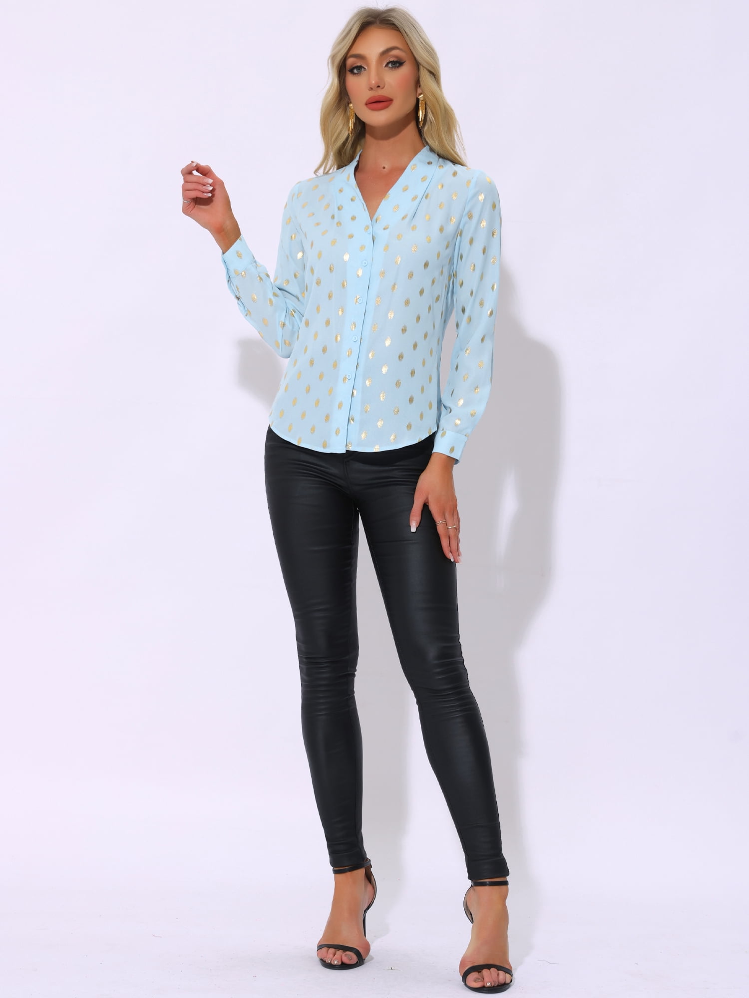 DARING DIVA Stand Collar Metallic Dots Stars Blouses Tops XL Sky Blue