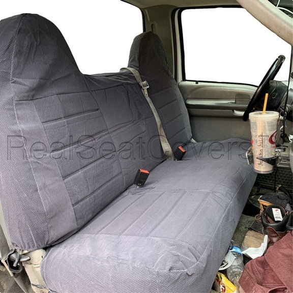 RealSeatCovers 3 Layer Seat Cover for 1992-2010 Ford F150 F250 F350 F-Series Front Solid Bench Thick F23 Molded Headrest Belt Cutout Exact Fit (Charcoal)