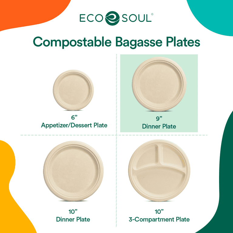 100% Compostable 9 Inch Heavy-Duty Paper Plates Eco-Friendly