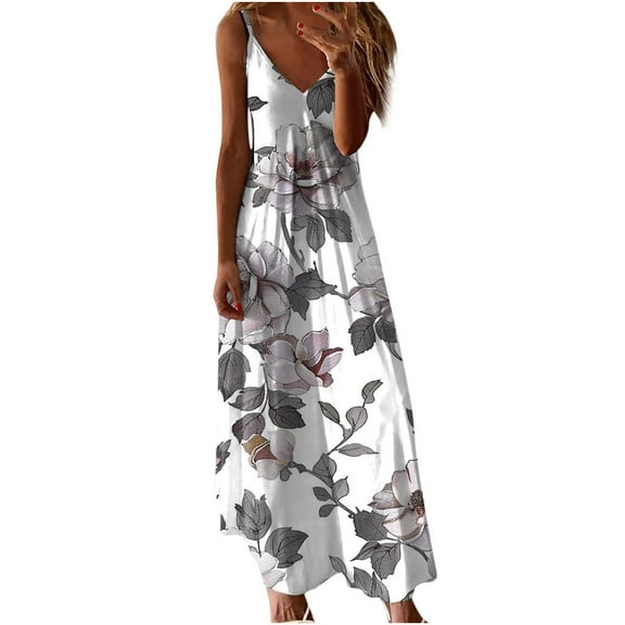 Hvot&aat Women's Fashion Slip Dress V Neck Sleeveless Spaghetti Strap Flowy Long Dresses Beach Vacation Sundress