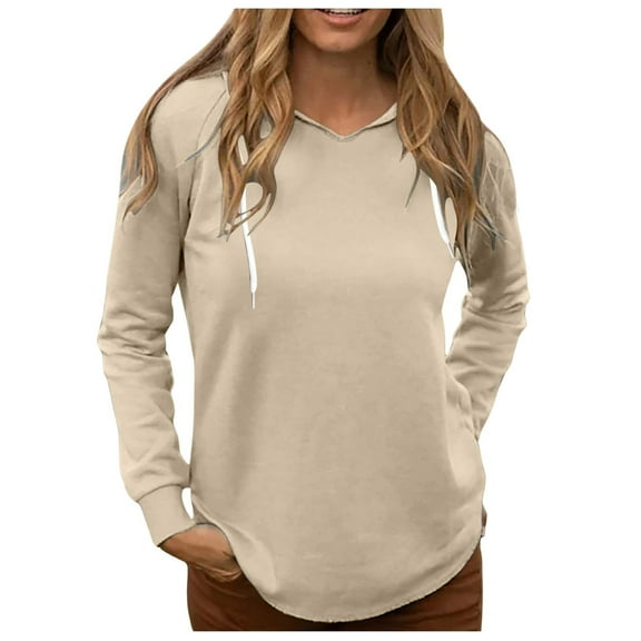 FINALGANG Women Elegant Sweatshirts Solid Color Long Sleeve V-Neck Hooded Top Casual Shirt With Drawstring Skin Friendly Relaxed Fit Activewear