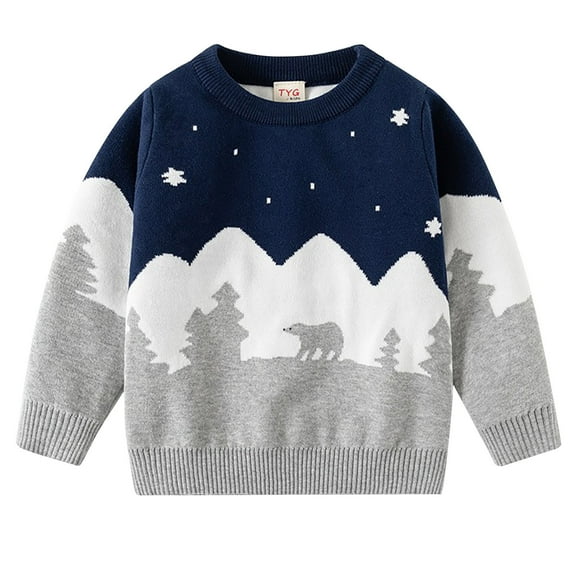 Odeerbi Toddler Boys Girls Sweater Cute Winter Thermal Knit Crewneck Sweater 1-8 Years Children's Color Blocked Printed Sweater Long Sleeve Top Toddler Clothes Navy