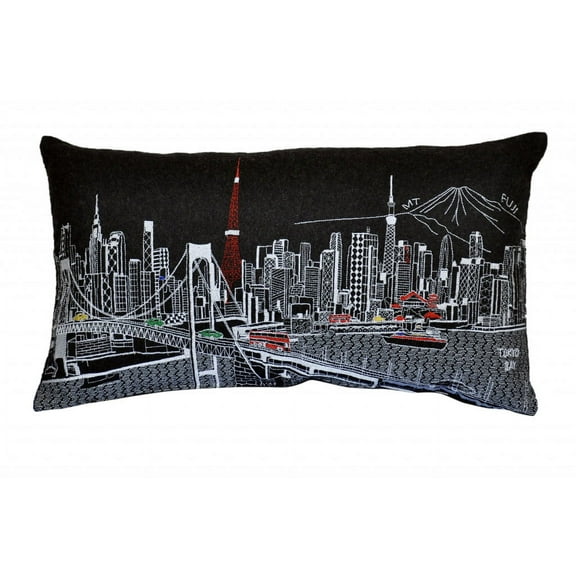 24" Black Tokyo Nighttime Skyline Lumbar Decorative Pillow