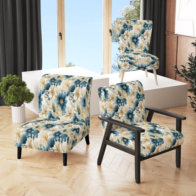 Designart "Floral Escape In Blues I" Blue Floral Upholstered Accent Chair - Cottage Arm Chair For Bedroom