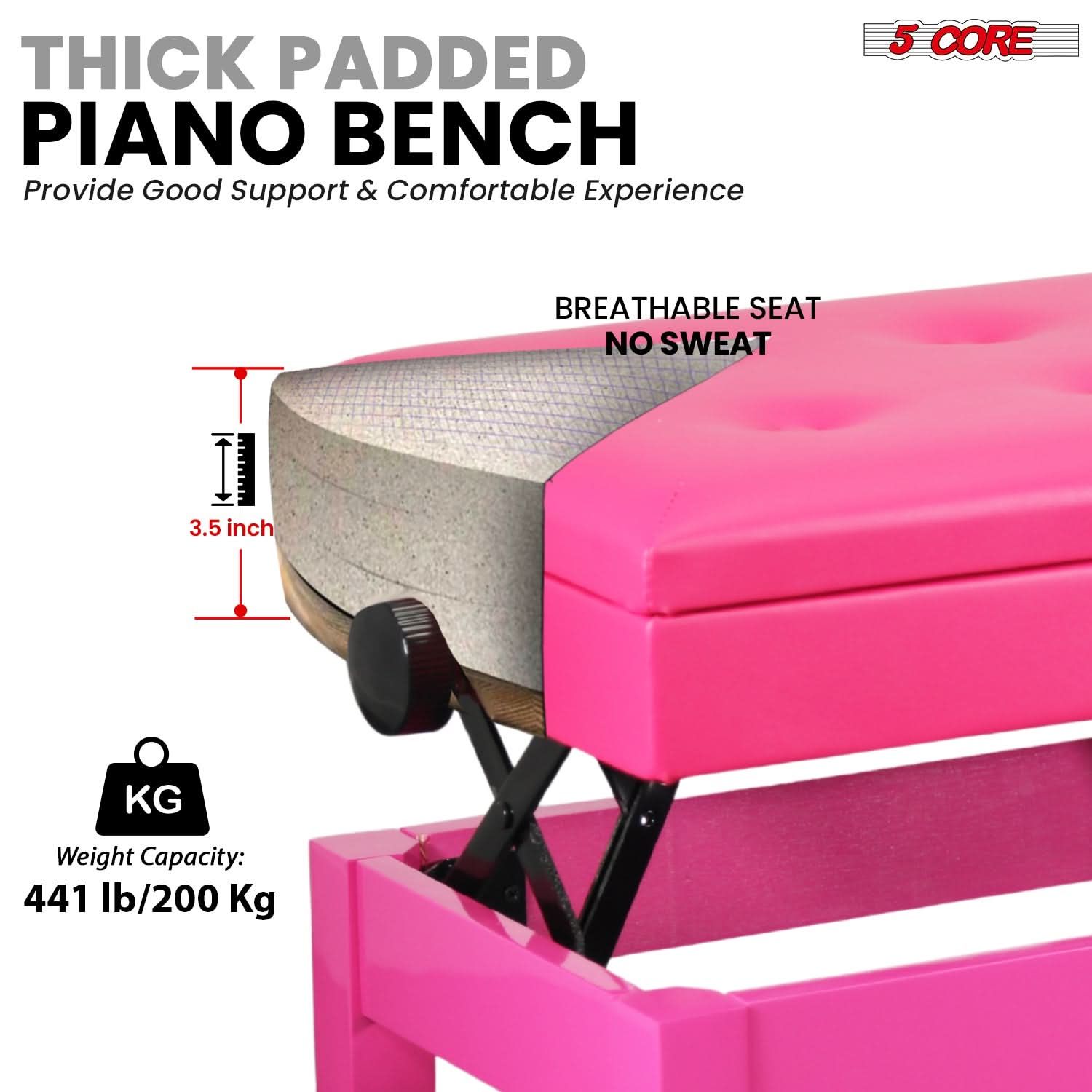 Duet Piano Bench with Storage, Height Adjustable 19-23 Inch, 3.5" Thick Padded Stool, 441lbs Heavy Duty Solid Wood Musician Chair, Spill-Resistant Leather Seat for Double Keyboard, Easy Assembly