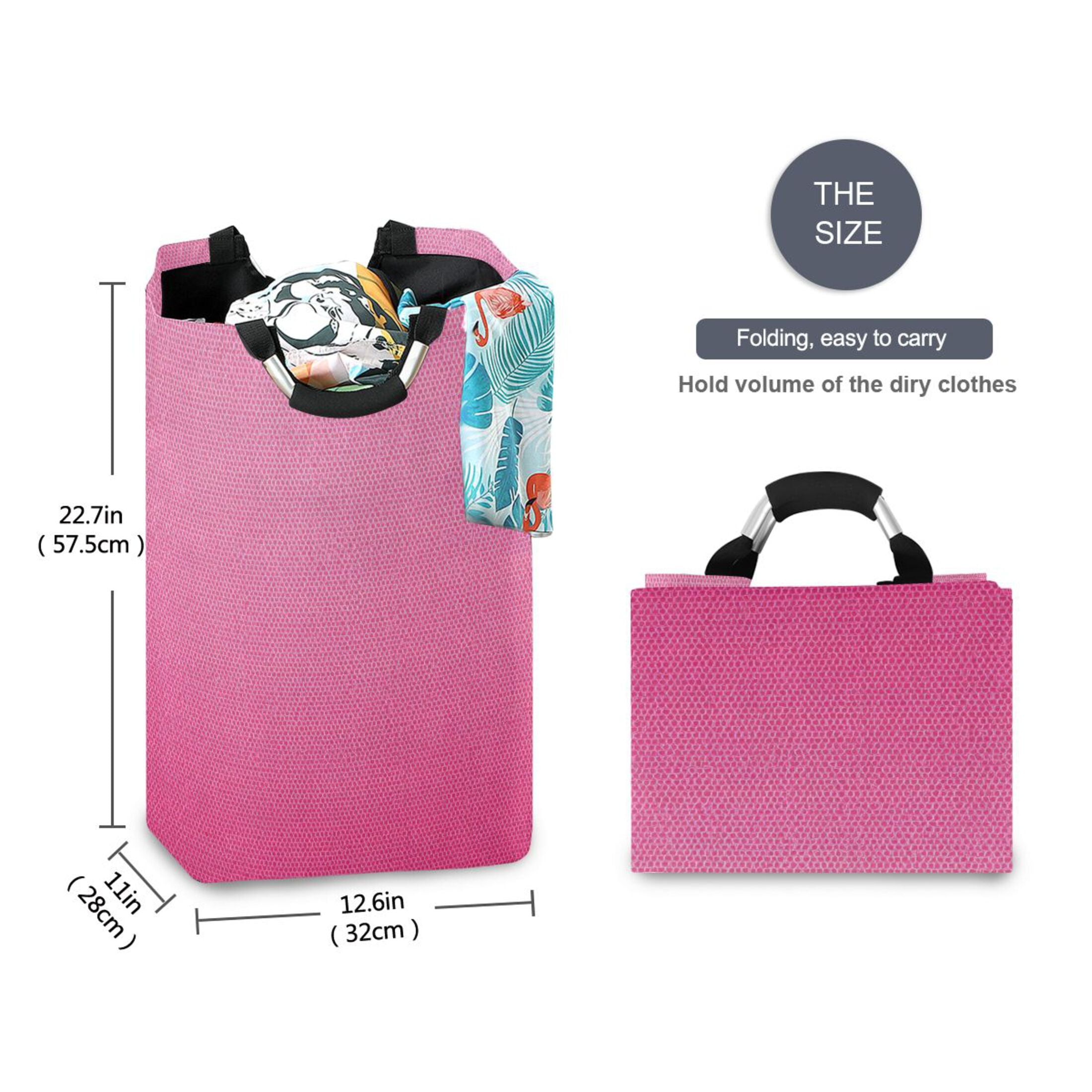 Gradient Pink Fabric Texture Laundry Basket with Handles Foldable Laundry Hamper Freestanding Washing Bin 50L