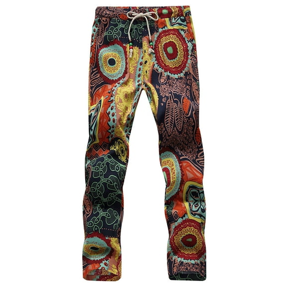 Runfenguu Work Pants For Men Sweatpants Men'S Ethnic Style Printed Elastic Waist Straight Tube Drawstring Pocket Nine Quarter Pants Summer Pants
