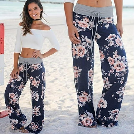 

UTTOASFAY Plus Size Women Pants Clearance Women S Comfy Casual Pajama Floral Print Drawstring Lounge Wide Leg Pants Flash Picks Blue 6(M)
