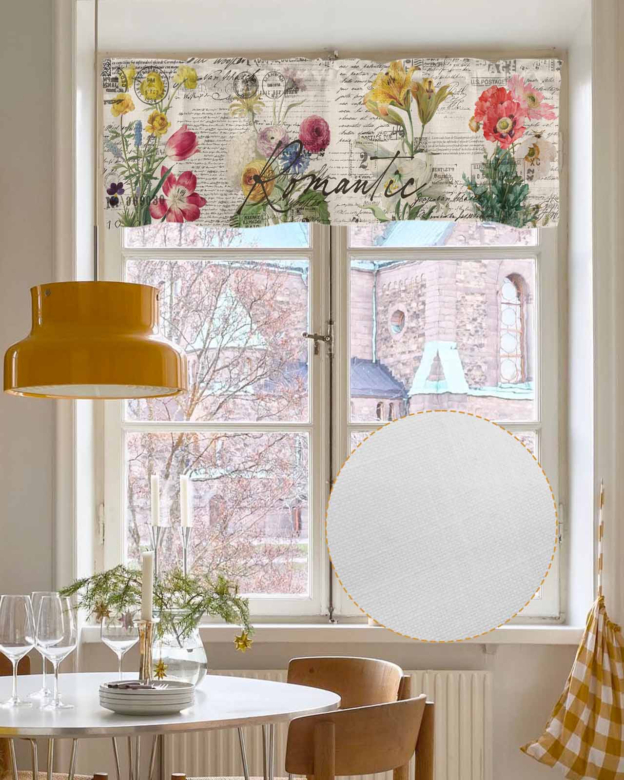 Beige Floral Linen Curtain Valance for Bedroom/Bathroom/Kitchen/Office/Living/Dining Room Window,Vintage Botanical Romantic Shabby Flowers Pocket Topper Drapes Decorative Cafe Drapery Panel 60"x18"