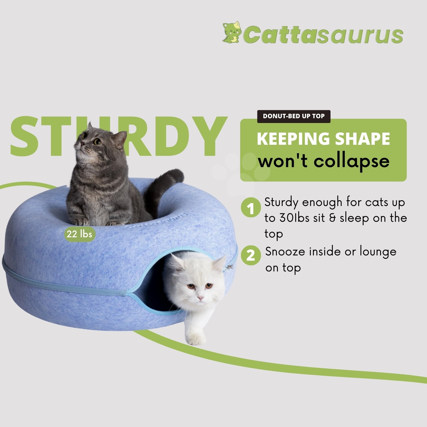 Cattasaurus Indoor Kitty Peekaboo Felt Tunnel Bed for Cats up to 30 lbs, Large, Blue