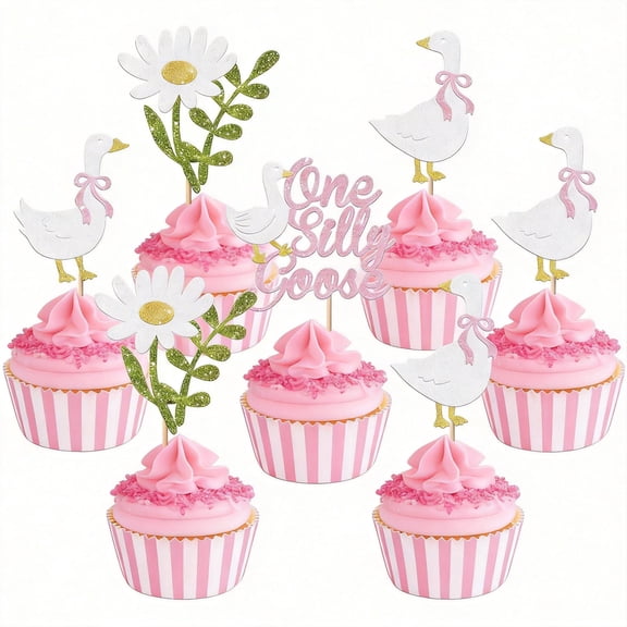 24 Pack Pink One Silly Goose Cupcake Toppers, 1st Birthday Cake Decorations for Girls, Pre-Assembled Silly Goose Theme Party Supplies for Baby Showers and First Birthdays