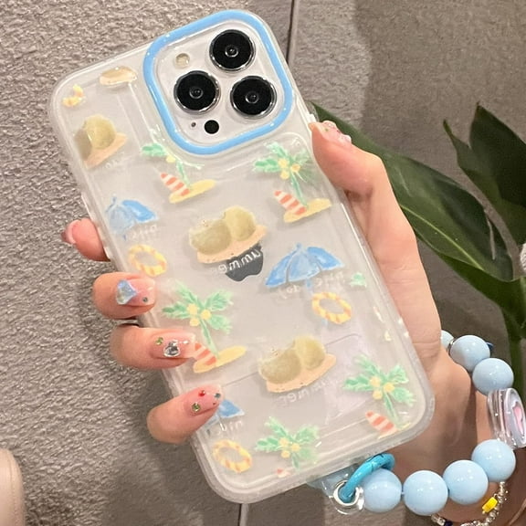Compatible with iPhone 13 Pro Max Chain Case Coconut Beach Palm Tree Summer Vacation Bracelet Bead Hand Strap Clear Cute Bumper Shockproof Protective Cover for Girls Women