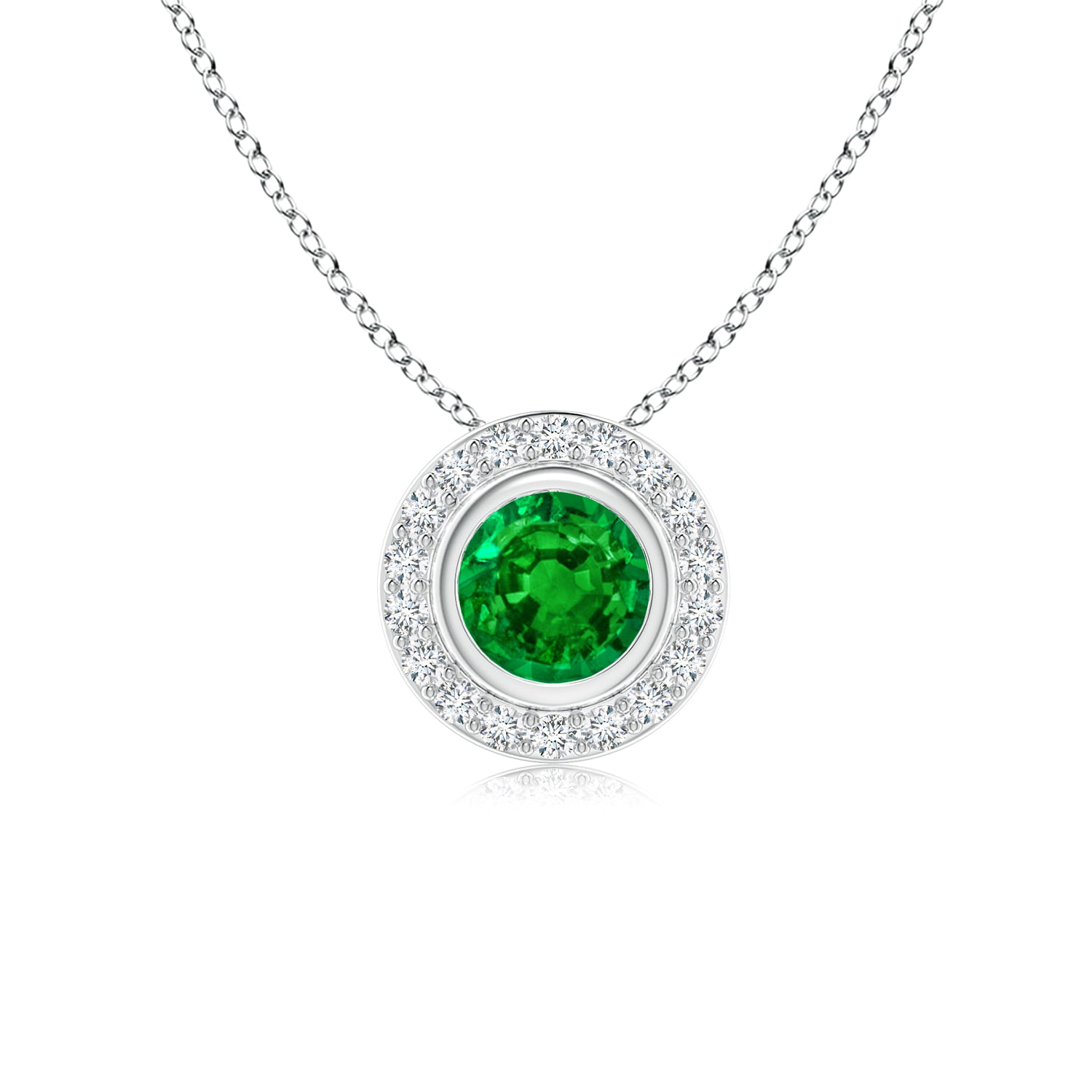 Angara - Round Bezel-Set Emerald Pendant with Diamond Halo in 14K White ...