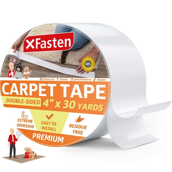 XFasten Ruban Adhésif Double Face pour Tapis, 4 Pouces x 30 Verges, Ruban Antidérapant Robuste, Fonctionne comme Pince à Tapis, Sans Résidu, Bois