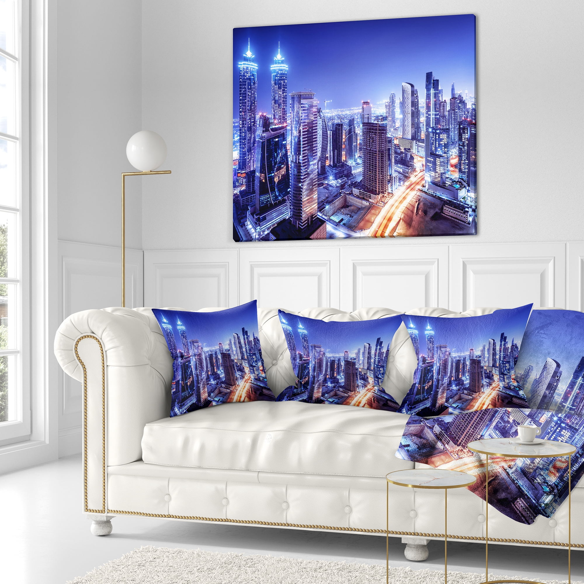 Designart Dubai Downtown Night Scene - Cityscape Photography Throw Pillow - 16x16