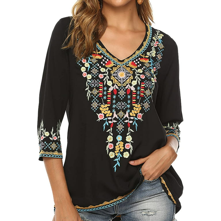 Women Embroidery Boho Shirt 3/4 Sleeve Mexican Bohemian Tops Tunic