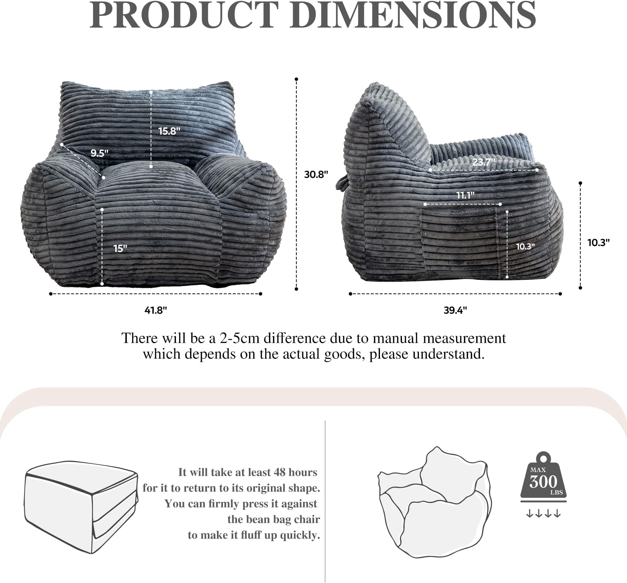 JESTOP Bean Bag Chair for Adults with Armrests, Lazy Floor Sofa Cozy Single Cloud Mini Couch, Corduroy Reading Chair for Living Room Bedroom