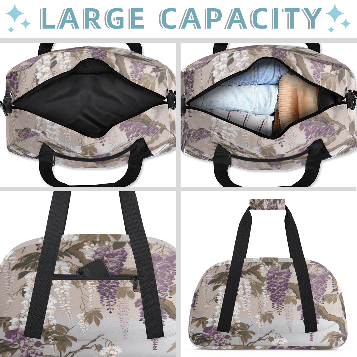 Herdesigns Floral Wisteria Sports Duffle Bag for Women & Men, Purple Flower Gym Bag Dance Bag Overnight Bag Carry On Weekender Travel Bag