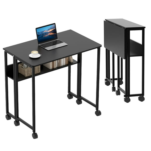 GloryStar 80cm Rolling Folding Desk, Space-Saving Computer Workstation with Metal Frame and Integrated Storage Shelf