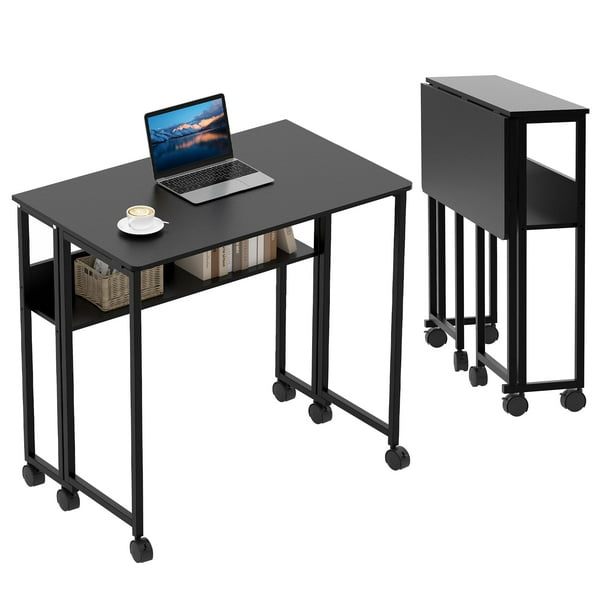 QinaQin Escritorio plegable de 80 cm con ruedas, mesa compacta para computadora con estructura metálica y repisa, ideal para espacios pequeños