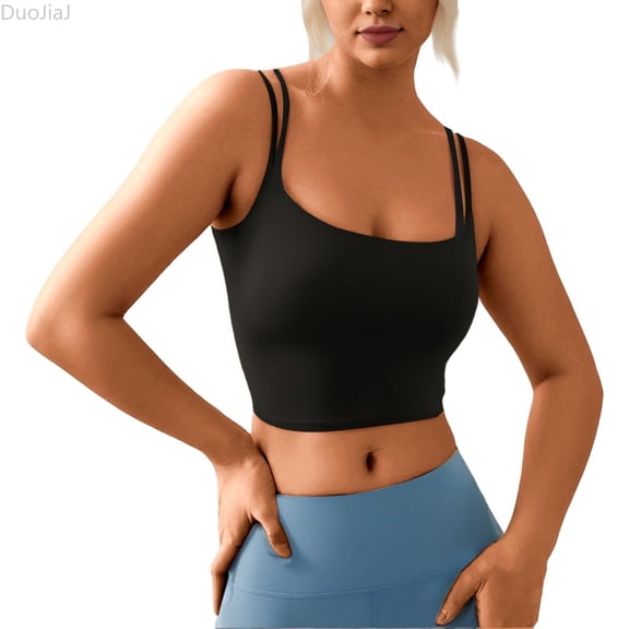 DuoJiaJ Women's Strappy Stretch Sports Bra Yoga Tank Top Fitness Bra Workout Camisole Crop Tops for Girl Black L