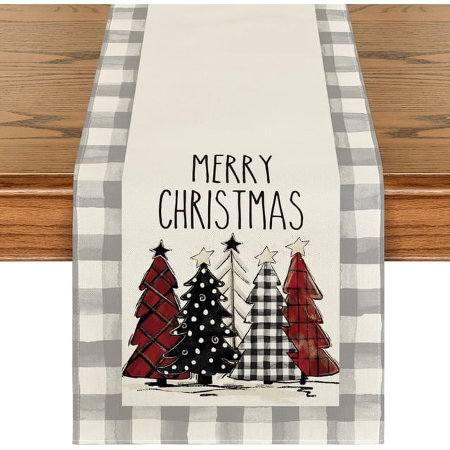 Artoid Mode Waterclor Buffalo Plaid Árboles de Navidad Feliz Navidad Camino de mesa, temporada de invierno, vacaciones, cocina, mesa de comedor, decoración para interiores y exteriores, decoración de