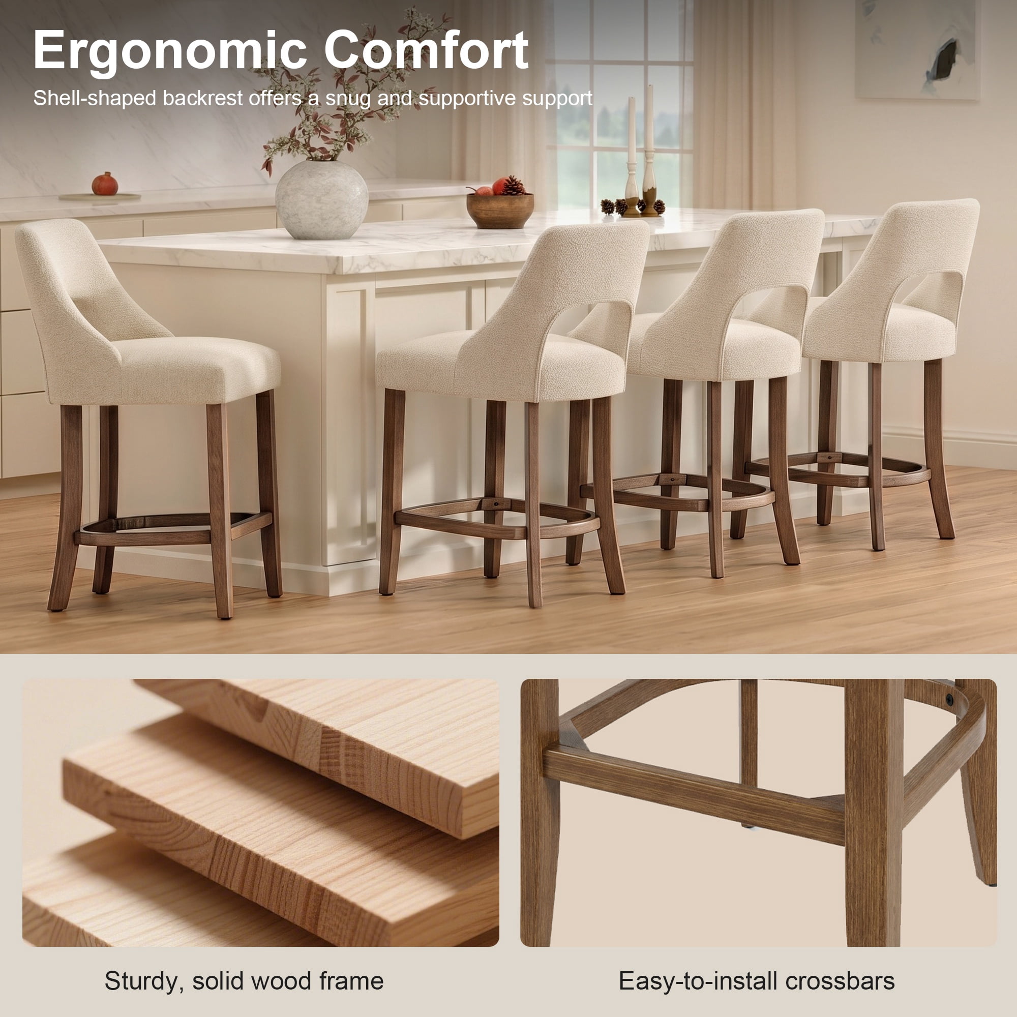 PORKISS 26" Bar Stools Set of 2, Upholstered Kitchen Island Stools with Hollow Back, Mid-Century Counter Stools with Wood Legs Footrest, Beige