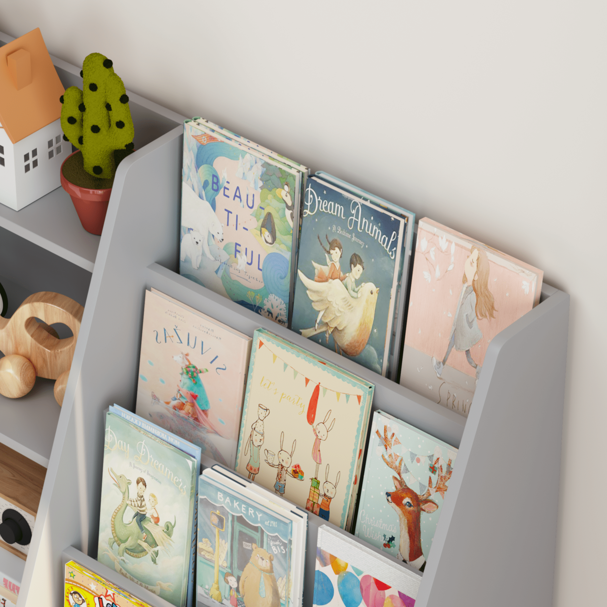 4-Tier Wooden Bookshelf with Toy Storage Bins, Multifunctional Children Bookcase Display Stand Organizer, Toddler Book Rack for Playroom Nursery Bedroom, Gray