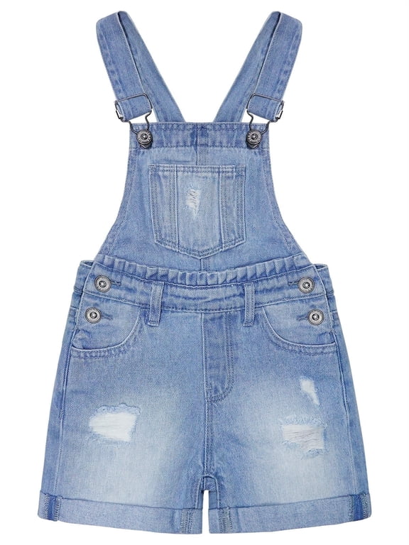 Big Girls Cute Jeans Shorts,Ripped Folded Hem Adjustable Straps Summer Denim Shortalls,Light Blue,6-7 Years