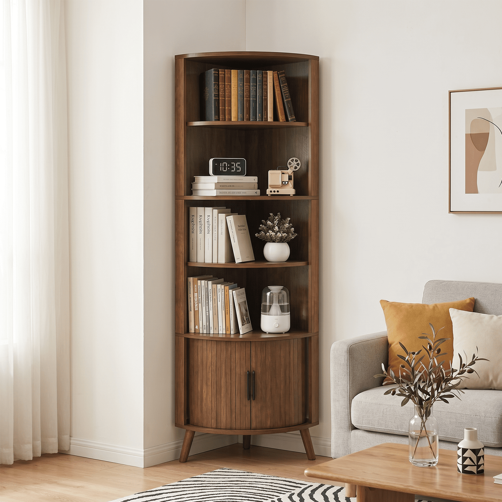 67-Inch Corner Shelf with Sliding Doors and 4-Tier Open Shelves, Freestanding Corner Storage Cabinet and Bookshelf for Living Room and Kitchen, Walnut