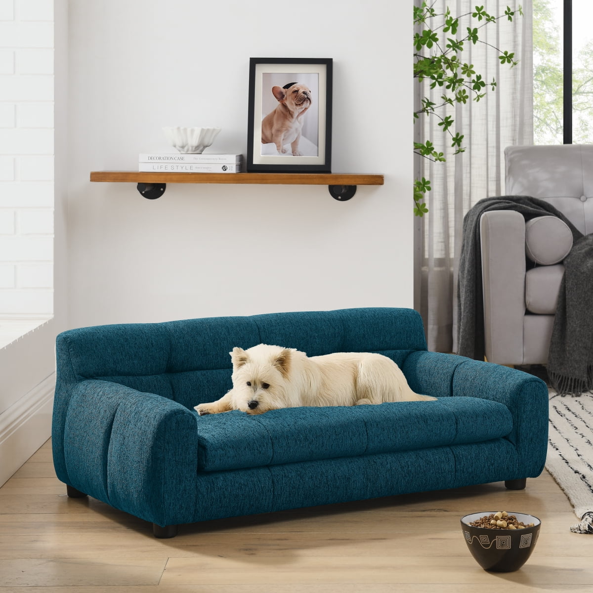 Dog Sofa for Large Dogs, Orthopedic Pet Couch with Backrest and Armrests, Soft Linen Pet Bed for Medium Dogs, Modern Rectangular Pet Furniture, Blue