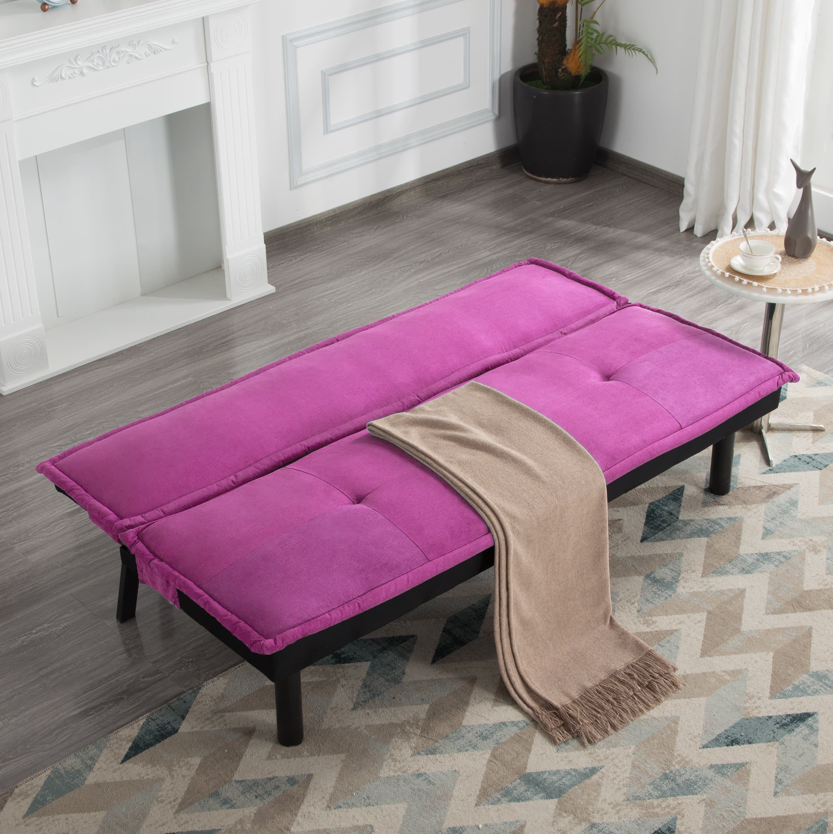BSHTI 64.6” Futon Sofa Bed,Velvet Upholstery,Twin Size Convertible Sofa,With 5 Adjustable Positions,Perfect Meet your Different Needs-Pink