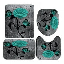 4 Pcs Teal Gray Rose Shower Curtain Sets with Non-Slip Rug, Toilet Lid Cover and Bath Mat, Blue Rose Shower Curtain with 12 Hooks, Waterproof Raindrops Shower Curtain for Bathroom