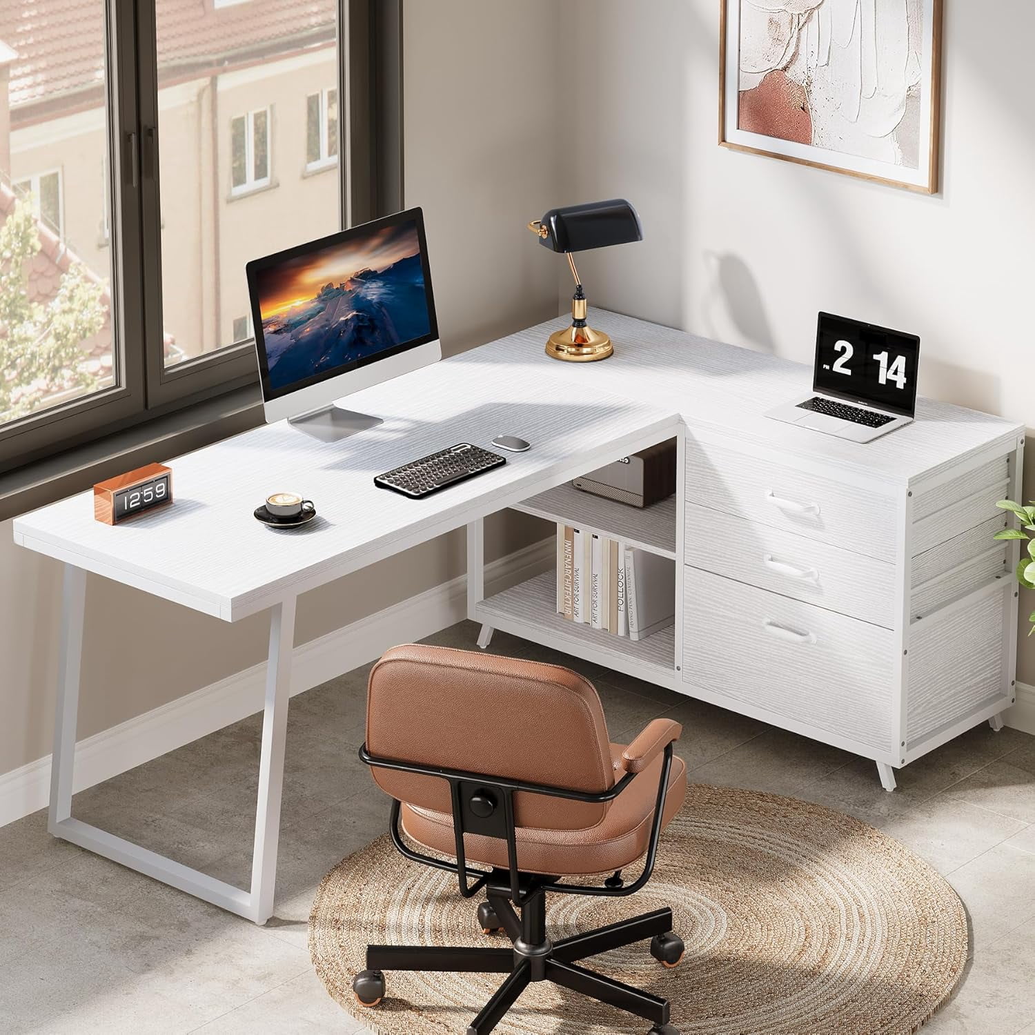 Tribesigns 53" L Shaped Office Desk, Reversible Corner Computer Desk with 3 File Drawers and 2 Storage Shelves for Home Office, Study, Gaming Room (White)