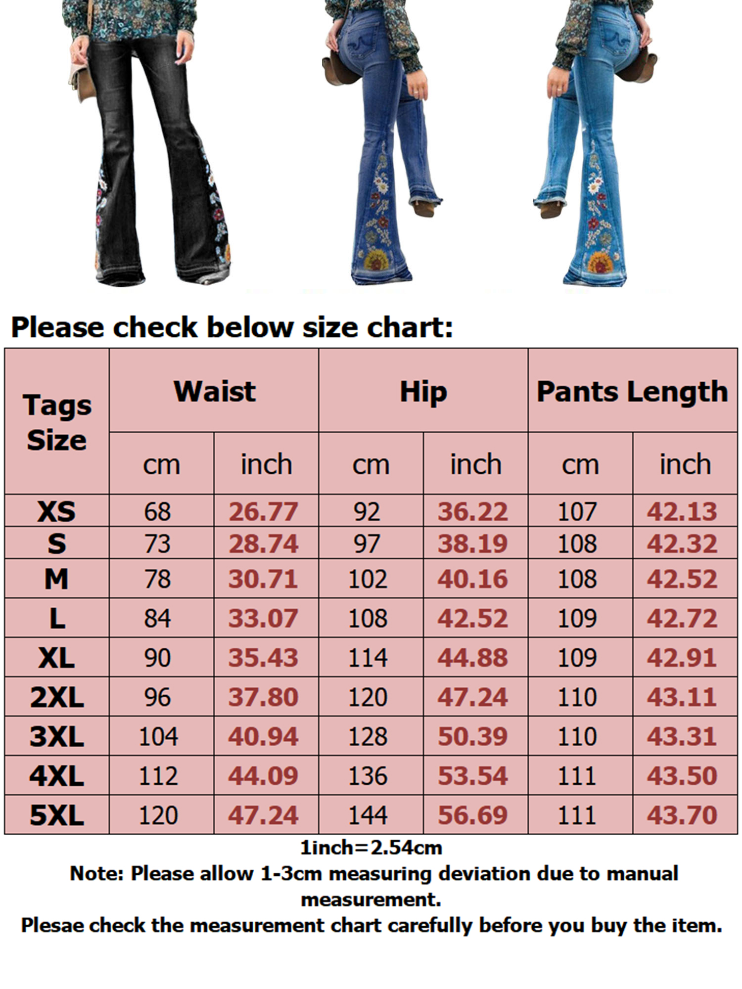 Vintage Plus Size Ladies Denim Jean Women Juniors 78s Trendy Slim Fit High Waist Flared Bell Bottom Denim Jeans Pants Ladies Floral Embroidery Wide Leg Denim Pants - image 2 of 2