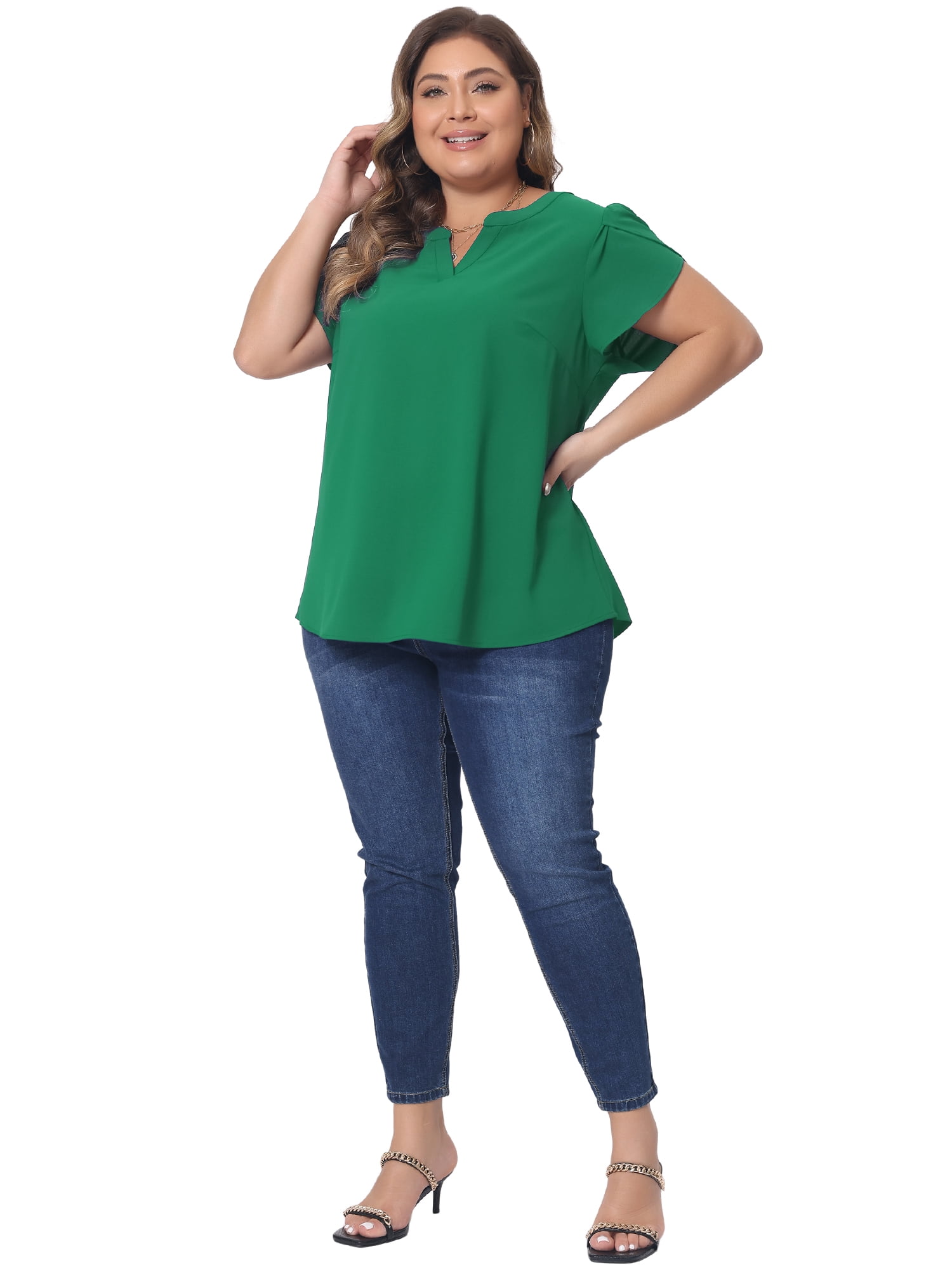 Women's Plus Blouses Notched V Neck Short Petal Sleeve Shirts Casual Dressy Tops 1X Dark Green