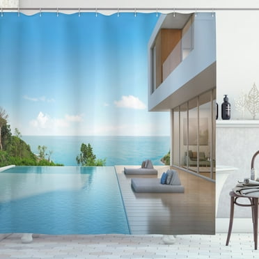Ambesonne Summer Shower Curtain, Minimalist Beach House, 69"Wx70"L, Pale Brown Sky Blue