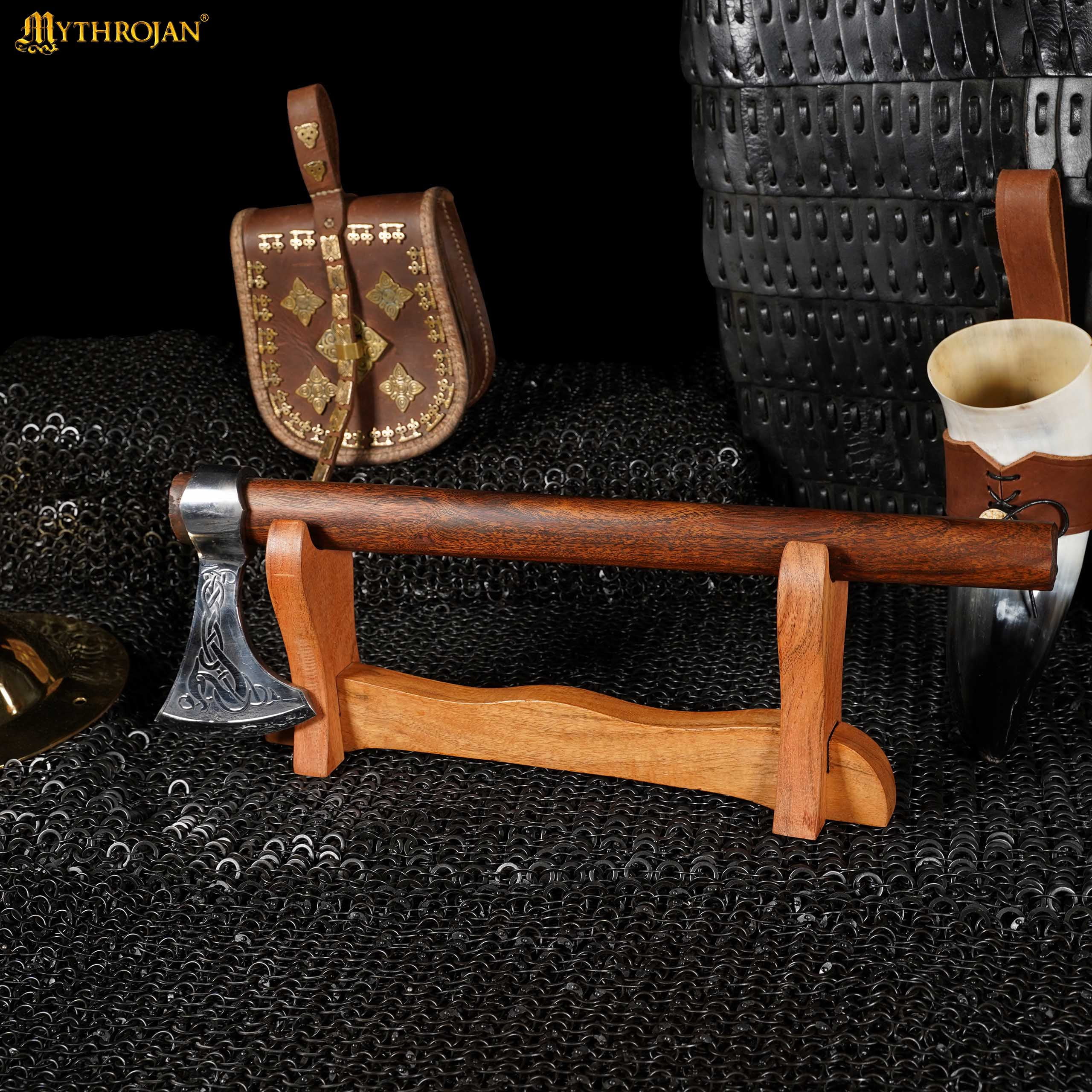 Mythrojan Medieval Sword Stand Solid Wood Horizontal Display Rack for Katana Stand, Samurai, Gladiator, Crusader Swords, 1-Tier