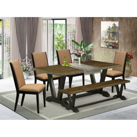 East West Furniture V677LA147-6 6-Piece Stylish Dining Room Table Set a Superb Distressed Jacobean dining table Top and Distressed Jacobean Indoor Bench and 4 Lovely Linen Fabric Padded Parson Chairs