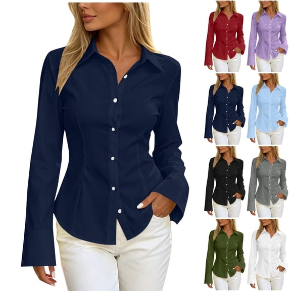 QINGFSAP Womens Long Sleeve Button Down Shirt Collared Casual Blouse Open Front Cardigan