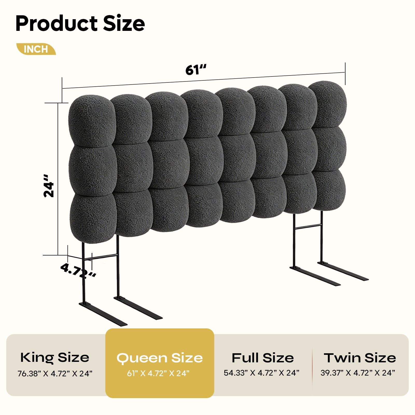 Pinmoco Queen Size Upholstered Headboard with Adjustable Height, Memory Foam Cloud-Shaped Ergonomic Design, Teddy Fleece Gray