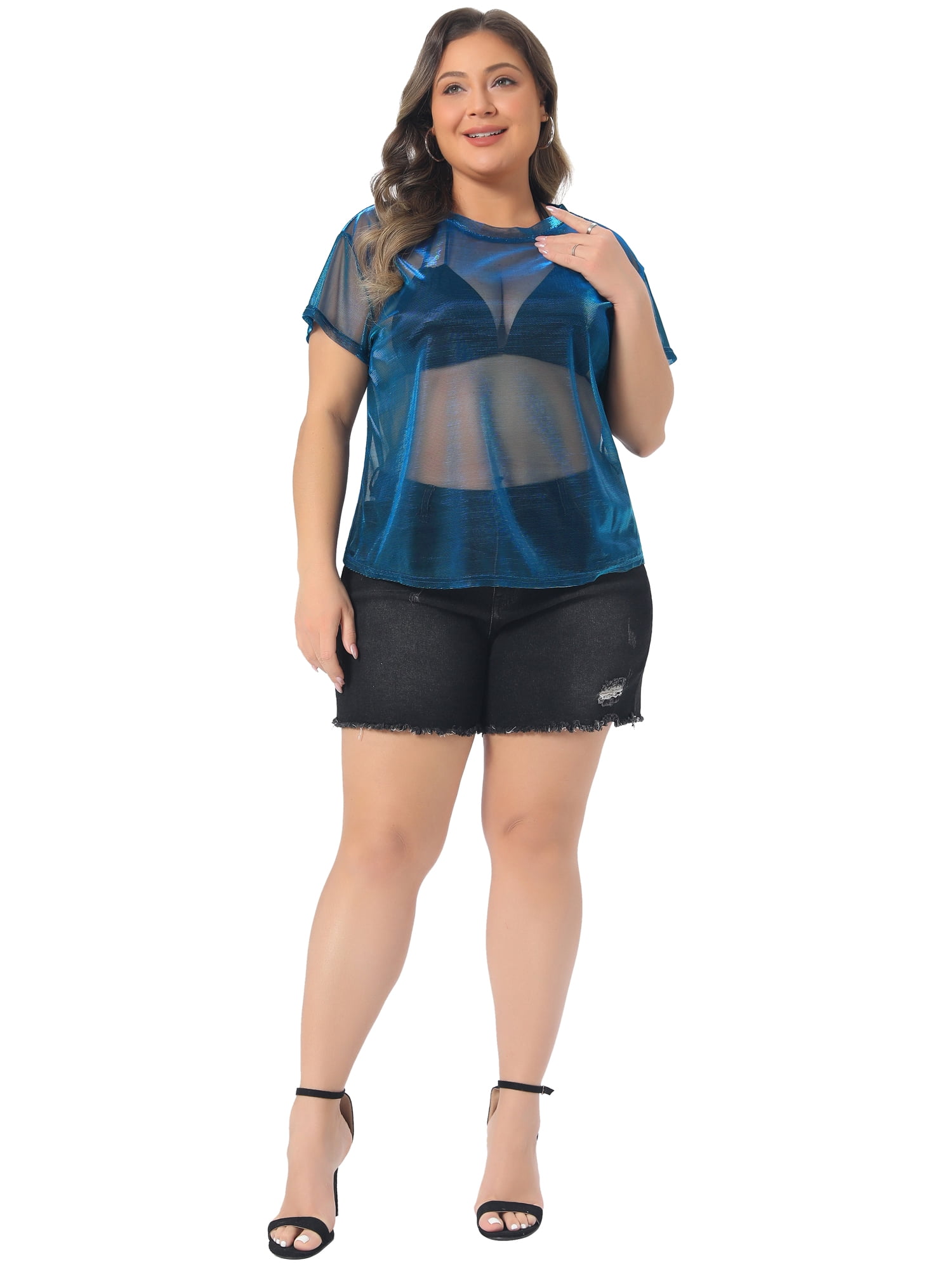 DARING DIVA Women's Plus Size Sheer Mesh Holographic See Through Blouse 4X Blue