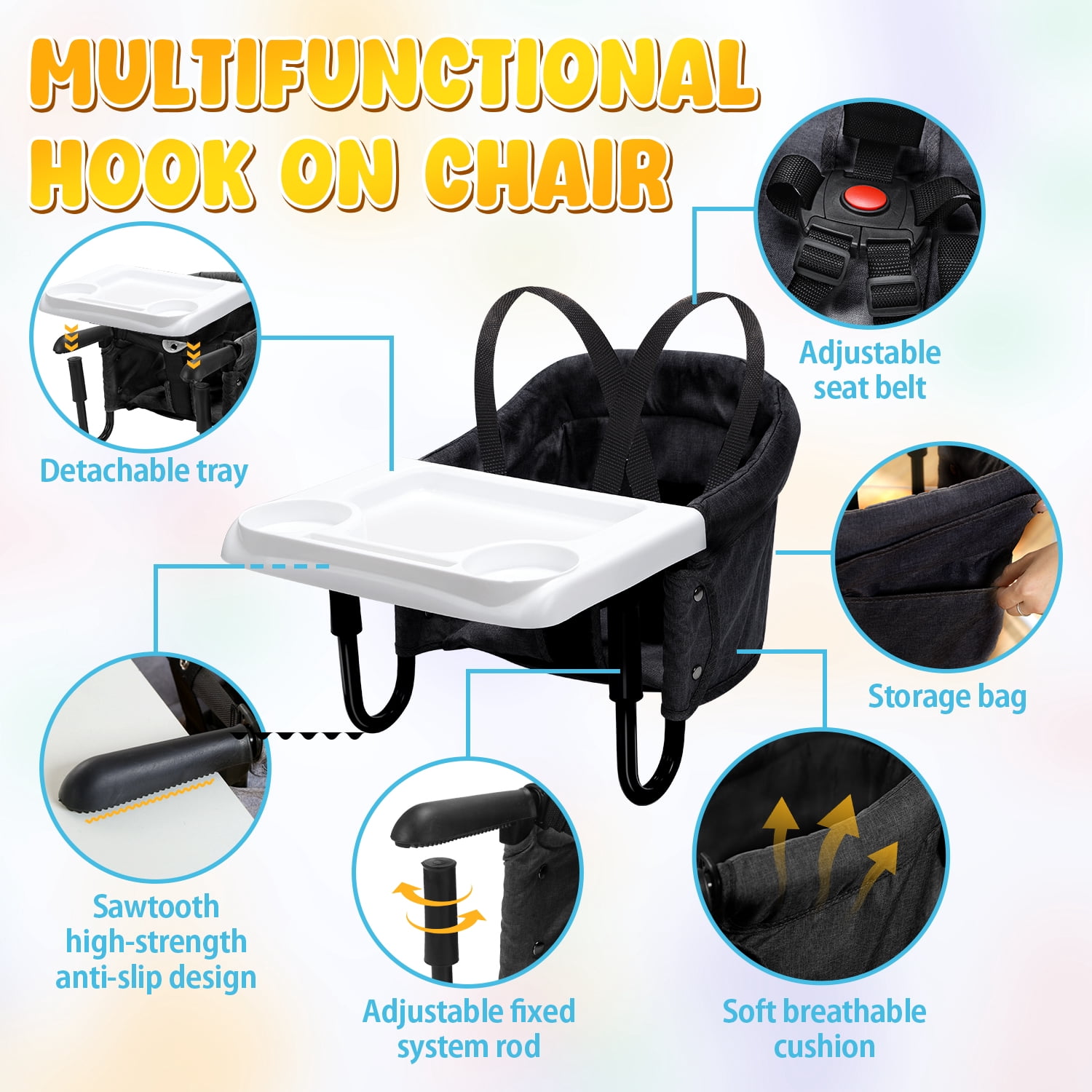 WonderStone Hook On Chair, Portable High Chair with Tray, Storage Bag & Free Accessories, Clip-On Table Chair for Baby and Toddler, Ideal for Home and Travel, Black